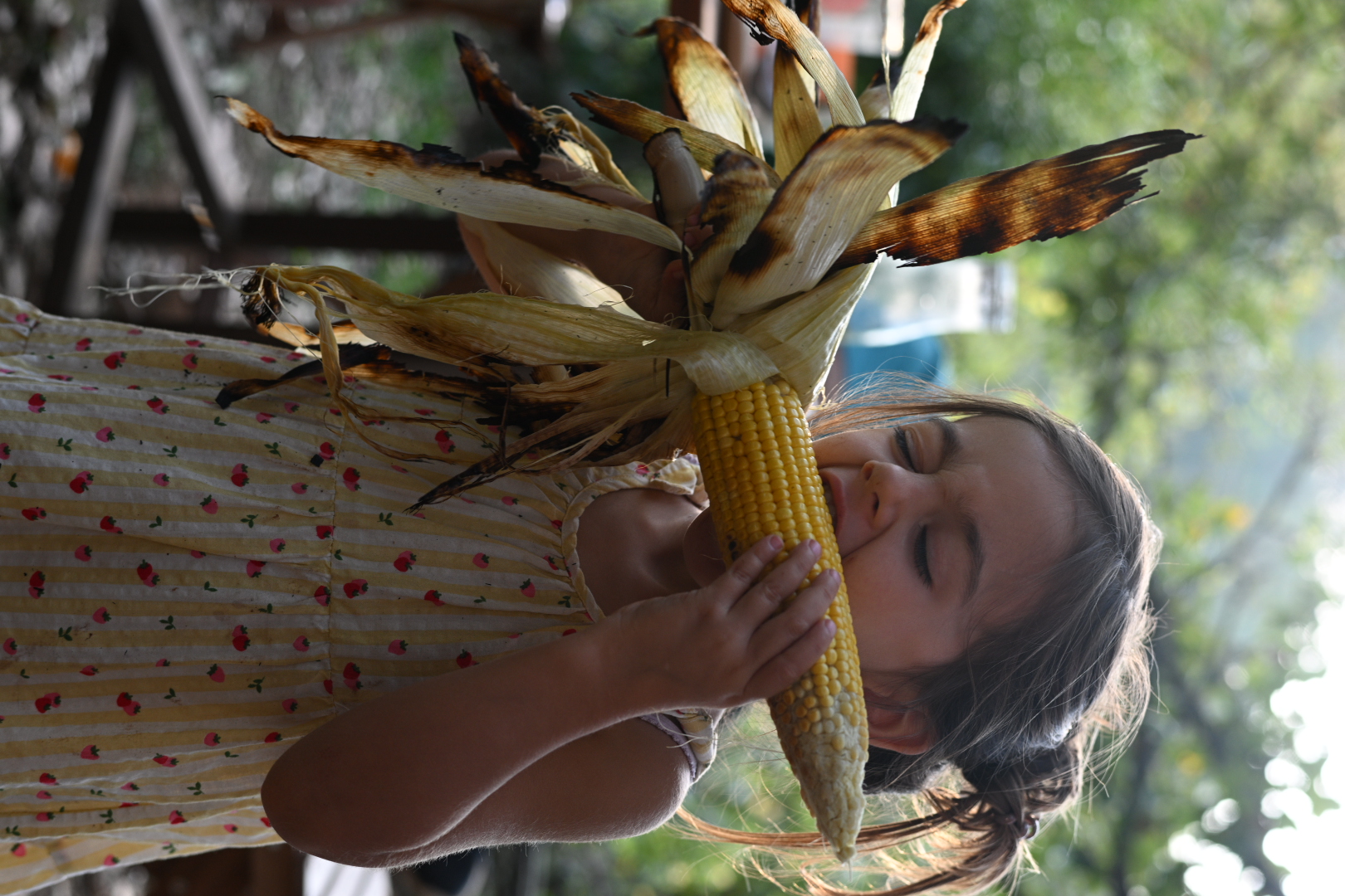 A girl biting into a grilled corn cob in the evening light