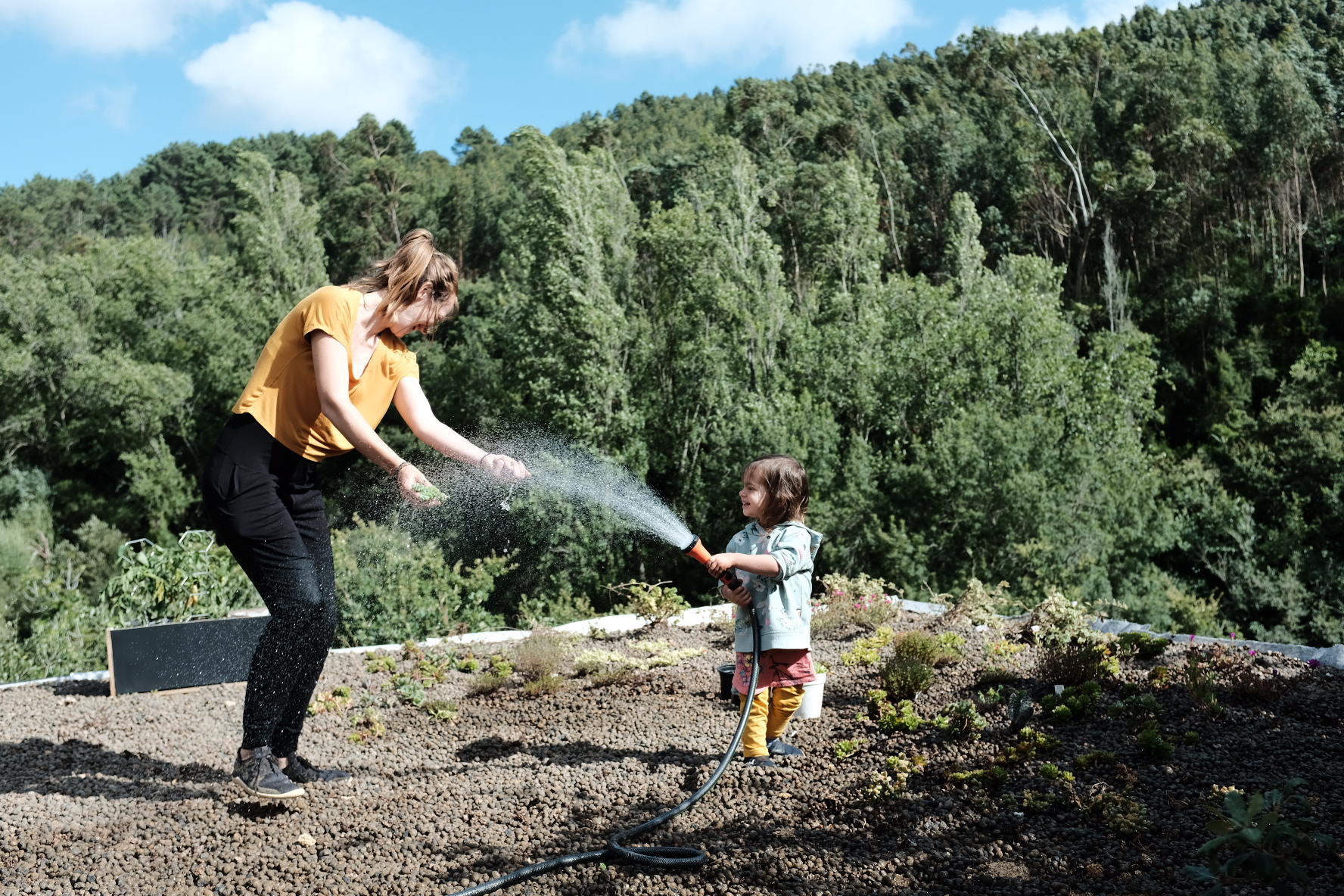 A woman and a small child spraying a hose on the green roof garden above the forest